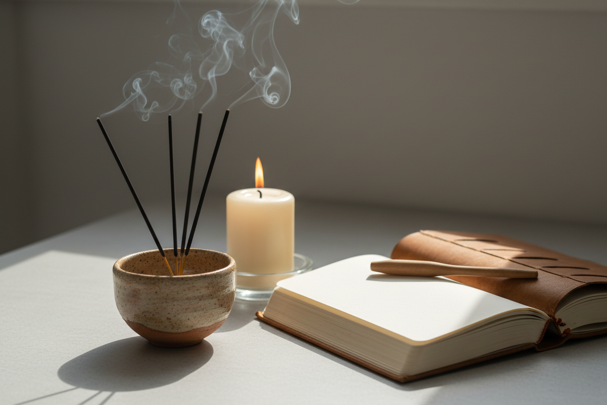 pottery small bowl with incence, candle and journal